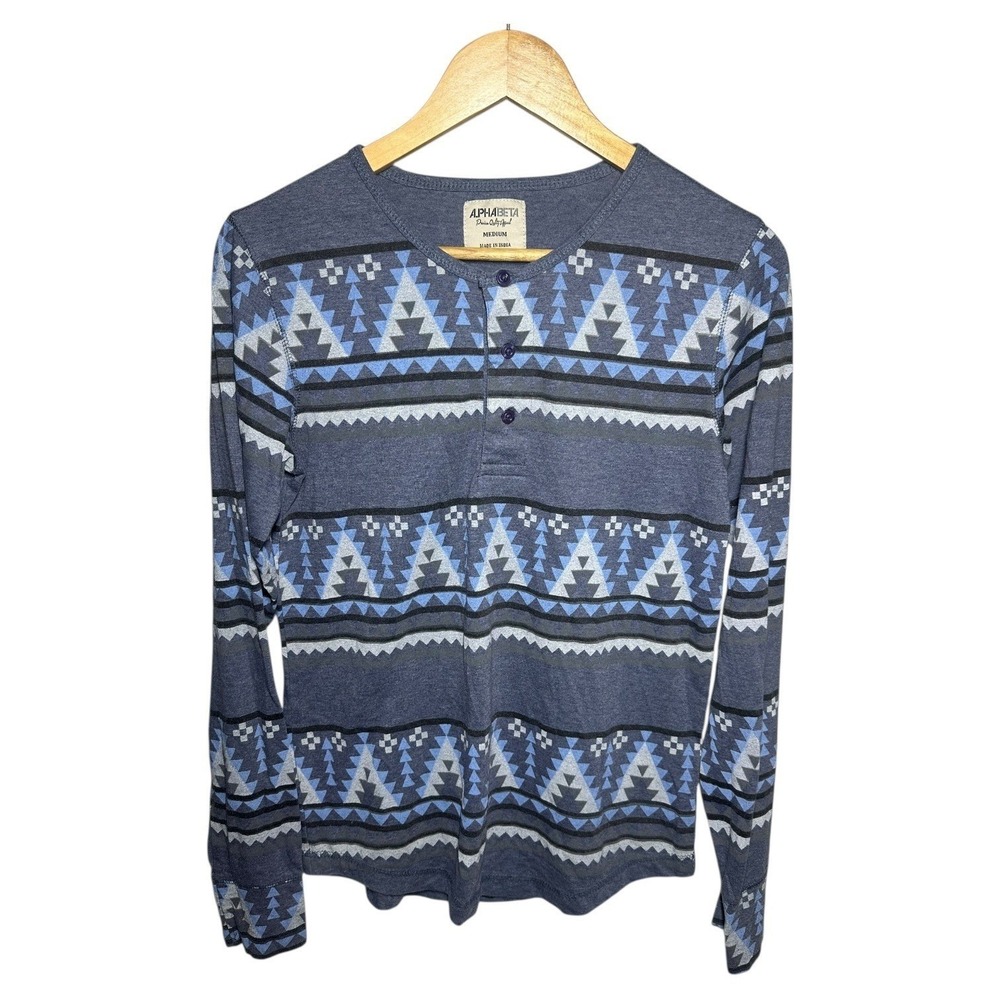 ALPHA BETA Men's Size Medium Blue‎ Geometric Aztec Long Sleeve Henley Shirt